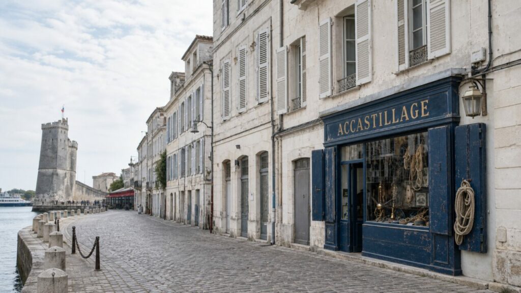 Boutique d’accastillage à La Rochelle, quai pavé et cordages face aux tours du port