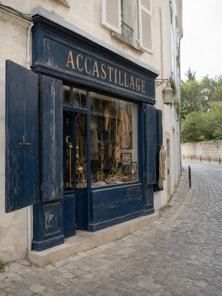 Boutique d’accastillage ancienne à La Rochelle, façade bleue et cordages dans le vieux port