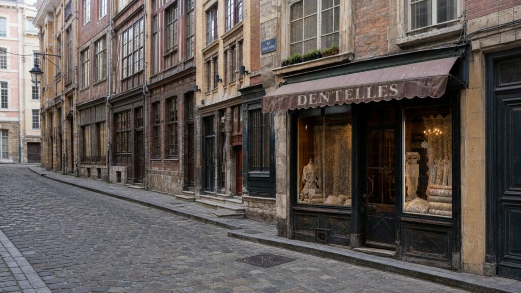 Boutique de dentelles à Lille dans une rue pavée, façades anciennes et vitrines textiles