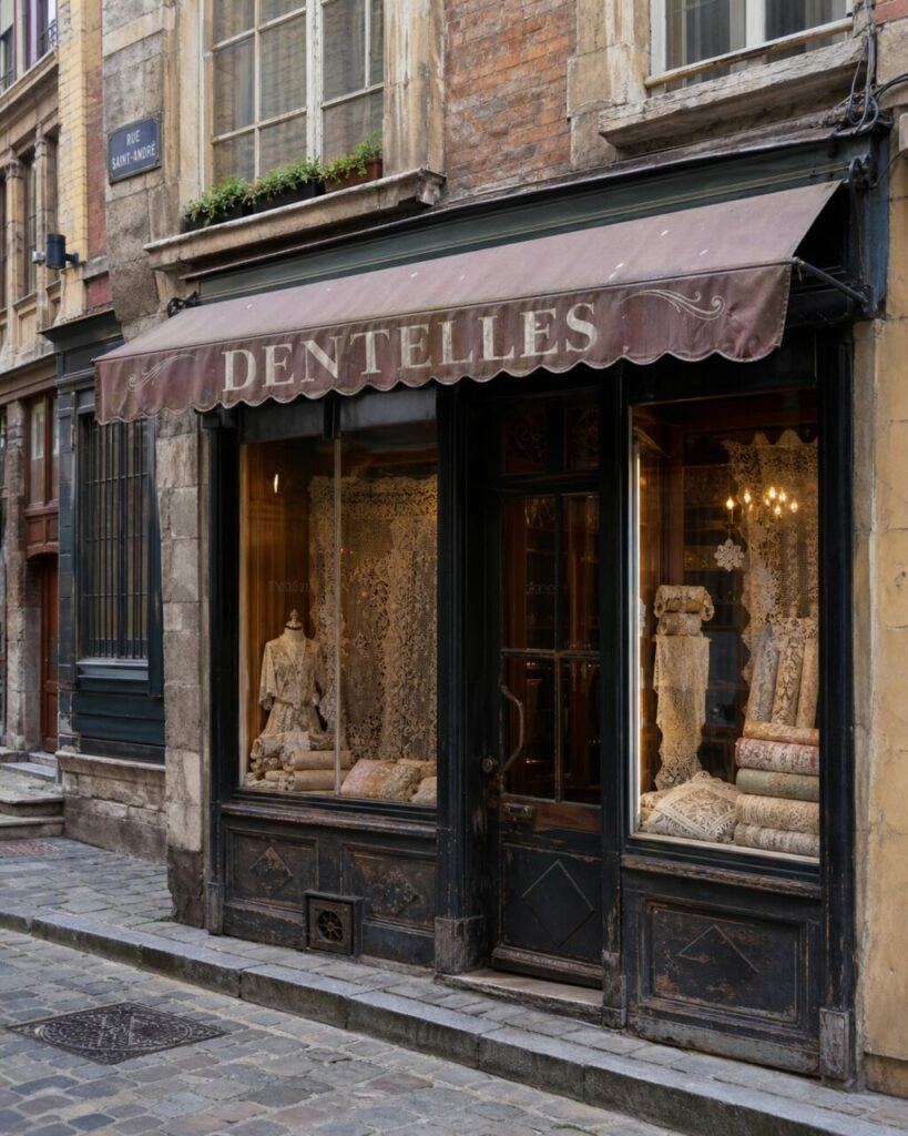 Boutique de dentelles à Lille, devanture sombre et tissus délicats rue Saint-André