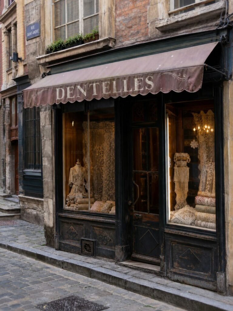 Boutique de dentelles DENTELLES à Lille, façade ancienne et rouleaux de tissu en vitrine