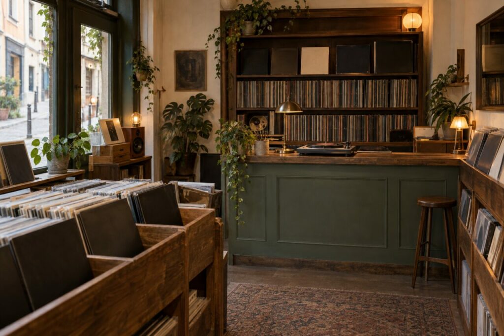 Boutique de disques vinyles, comptoir d’écoute et bacs en noyer