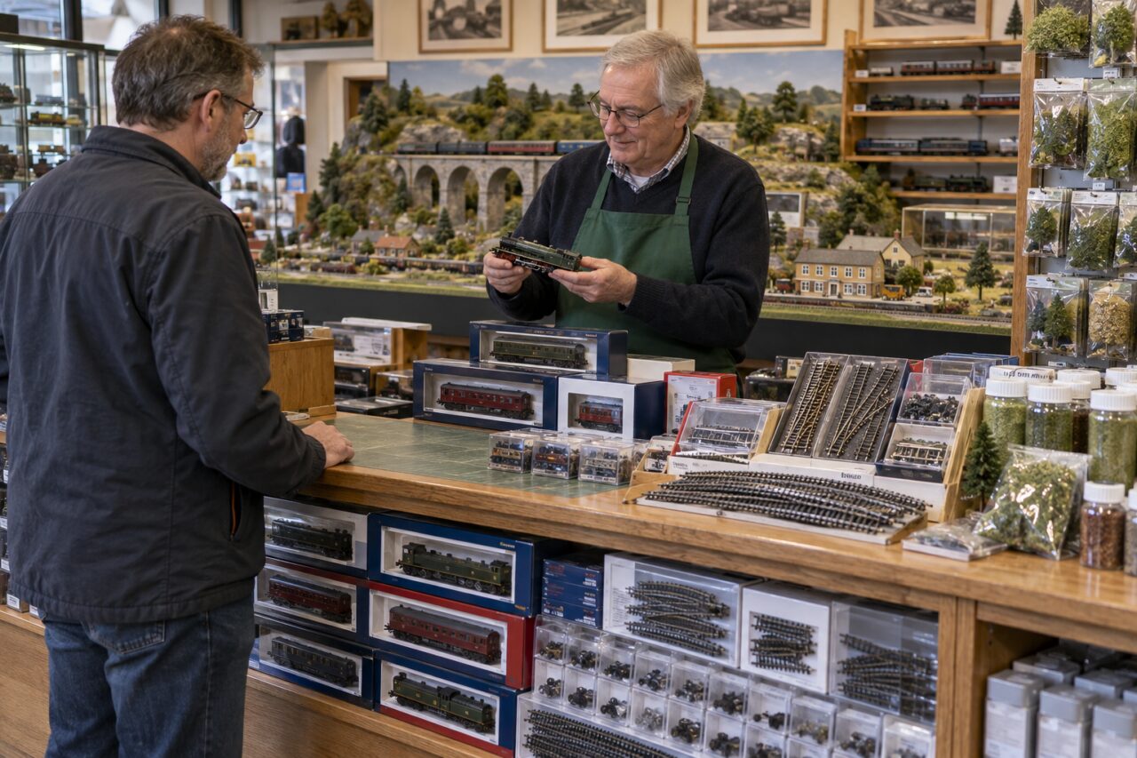 Boutique de modélisme ferroviaire — comptoir d’accessoires et de coffrets ferroviaires