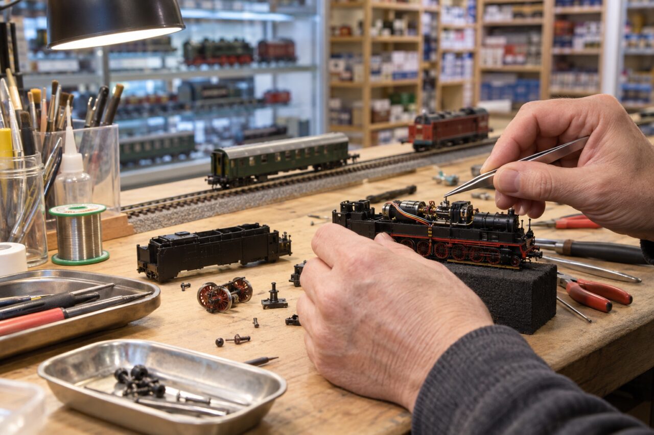 Boutique de modélisme ferroviaire — réparation d’une locomotive sur un établi