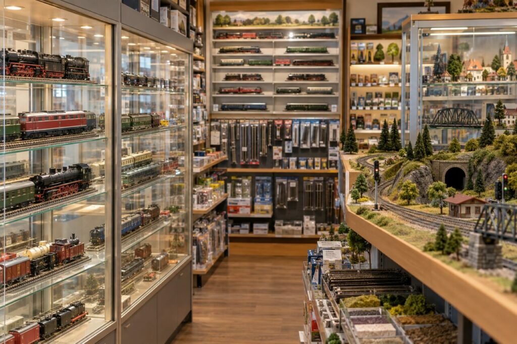 Boutique de modélisme ferroviaire — vitrines intérieures de locomotives et de voitures