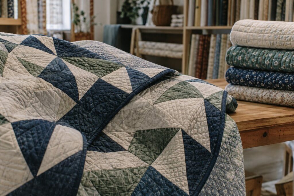 Independent patchwork shop — a close view of geometric quilt stitching
