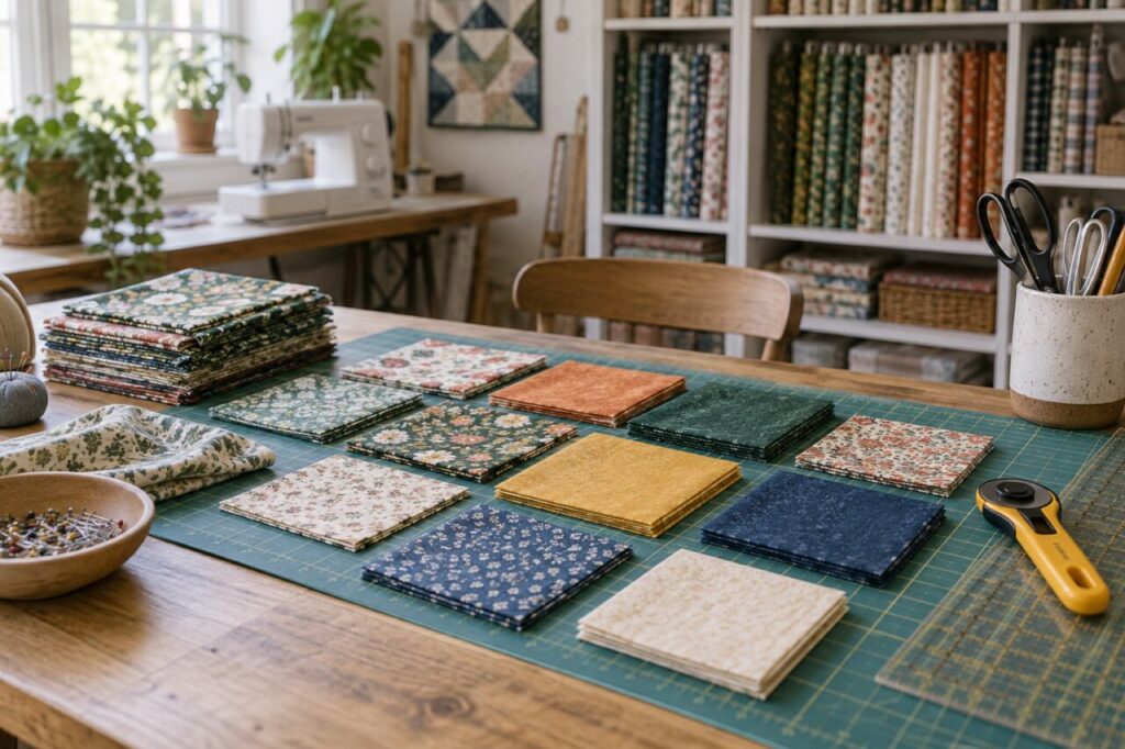 Independent patchwork shop — arranging fabric squares on a cutting table