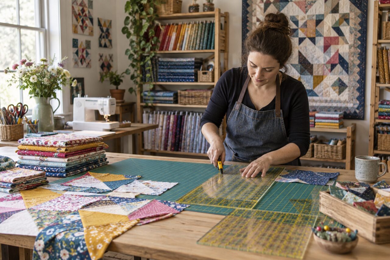 Negozio indipendente di patchwork — showing sewing rulers and colorful patches