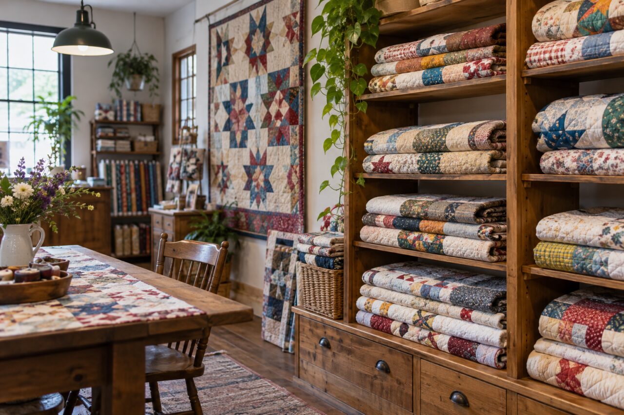 Negozio indipendente di patchwork — with folded quilts on shelves