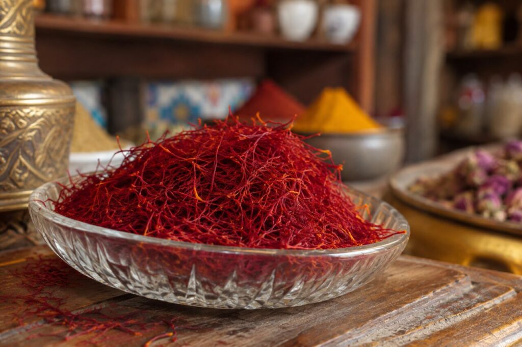 Boutique de safran indépendante — a close view of red saffron threads