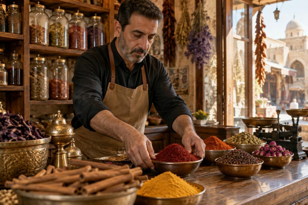 Boutique de safran indépendante — arranging spice bowls on a wooden counter