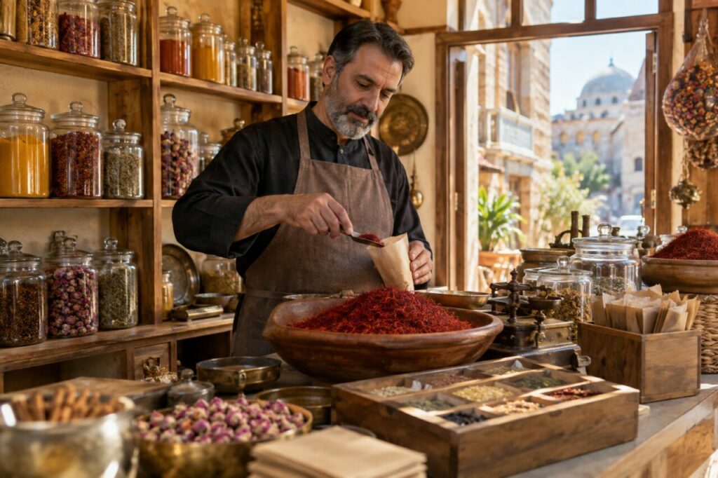 Boutique de safran indépendante — inside a warm independent spice shop