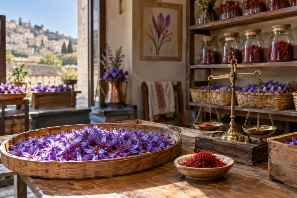 Boutique de safran indépendante — showing drying flowers and a brass scale