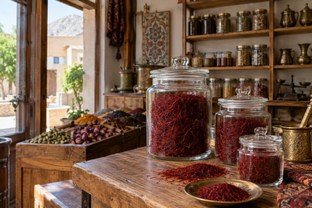 Boutique de safran indépendante — with saffron threads in glass jars