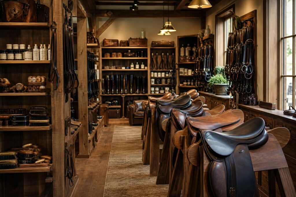 Boutique de sellerie avec selles sur tréteaux et équipements équestres
