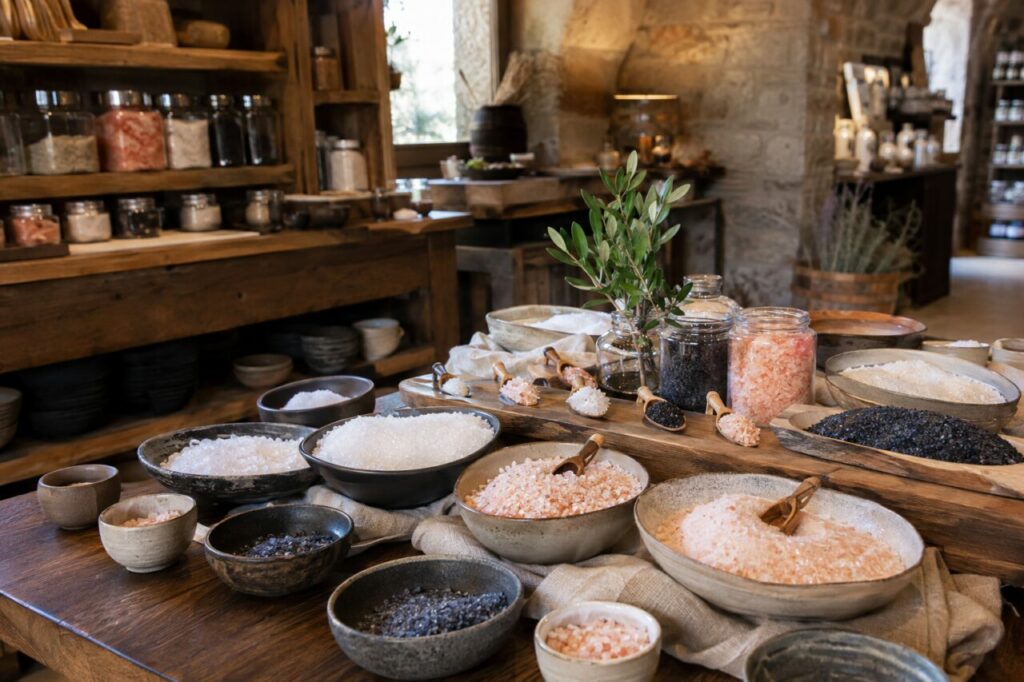 Boutique de sels avec coupelles colorées, bocaux et herbes aromatiques