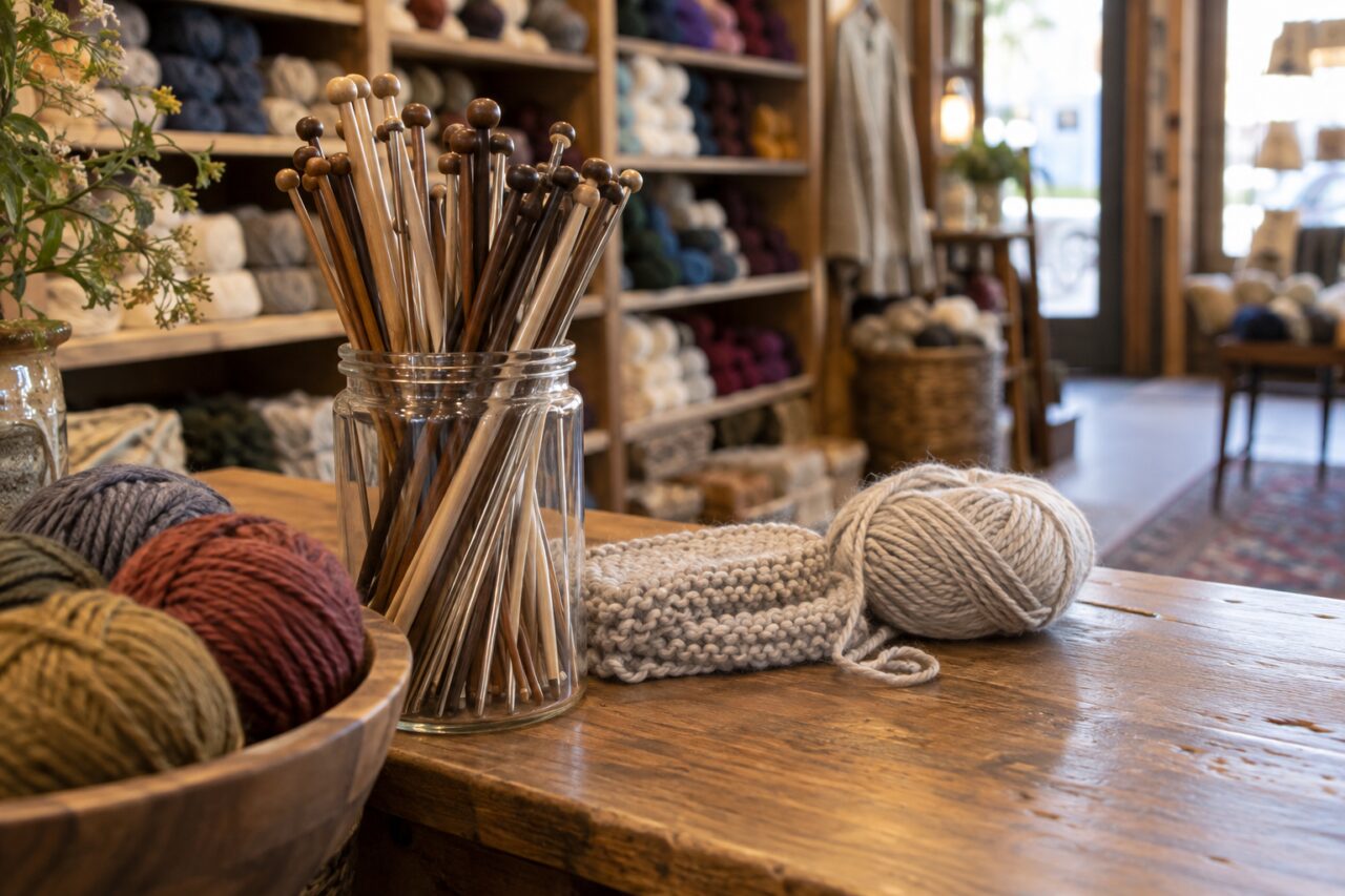 Tienda independiente de lanas y punto — arranging knitting needles at a counter