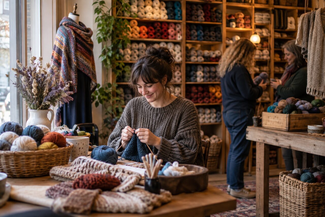 Tienda independiente de lanas y punto — inside a warm independent yarn shop