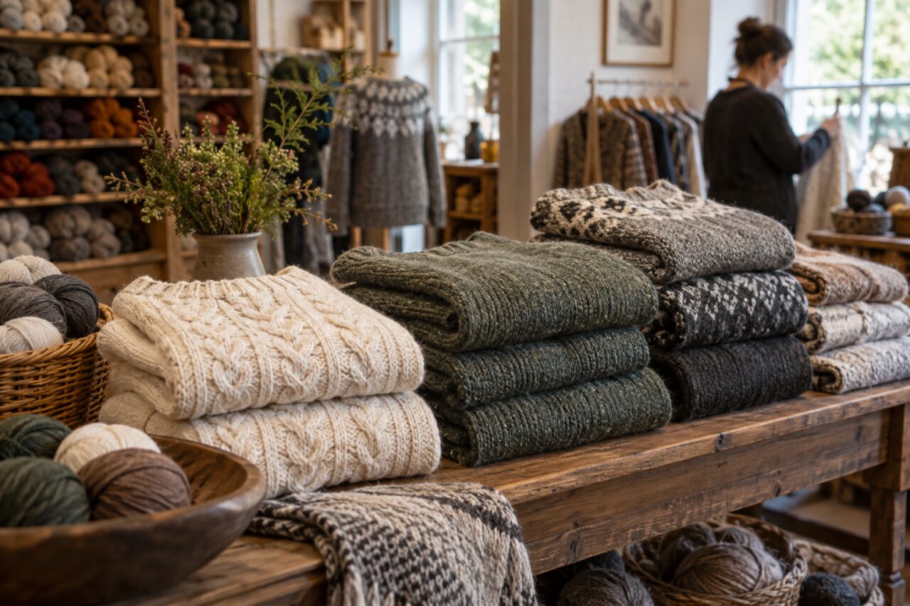 Zelfstandige brei- en wolwinkel — showing folded handmade sweaters
