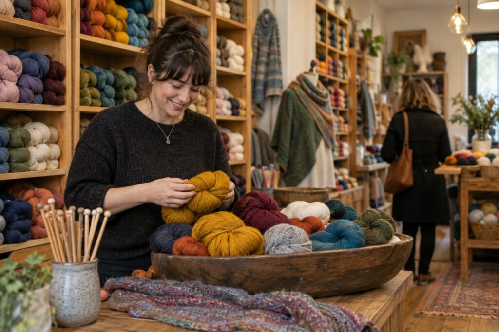 Independent knitting and yarn shop — with yarn skeins on wooden shelves