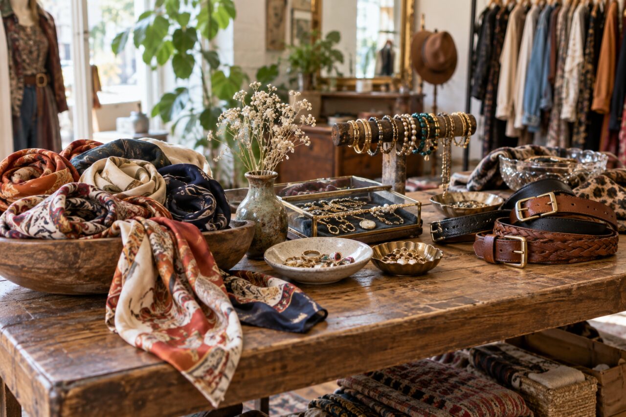 Boutique de vêtements vintage — at a curated accessories table