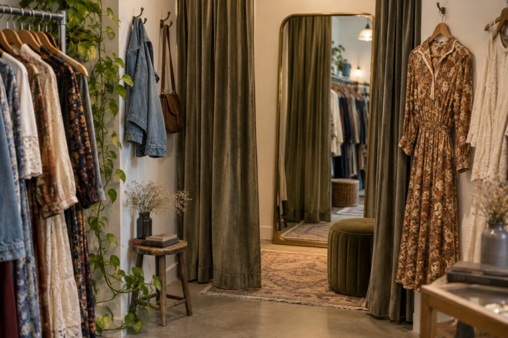 Boutique de vêtements vintage — inside a softly lit fitting area