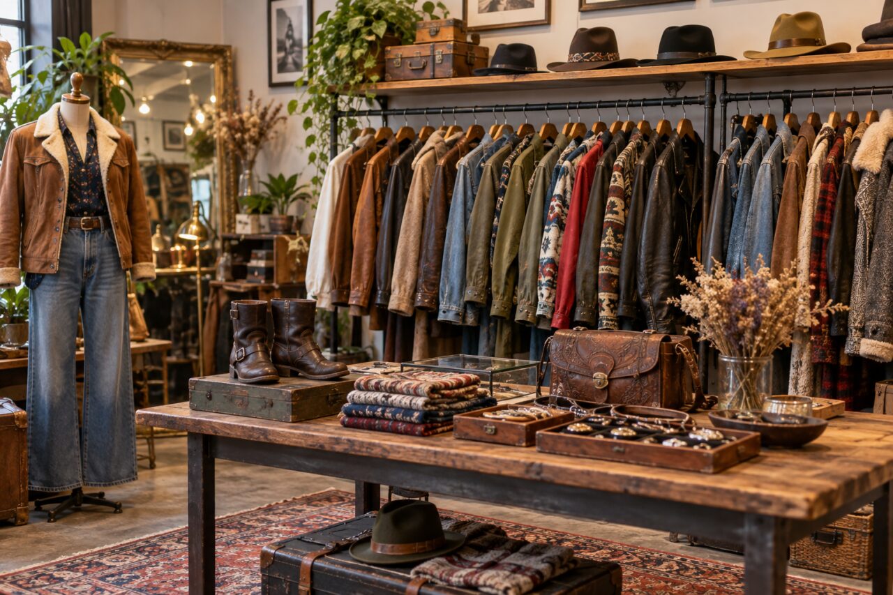 Boutique independiente de ropa vintage — showing vintage jackets and hats