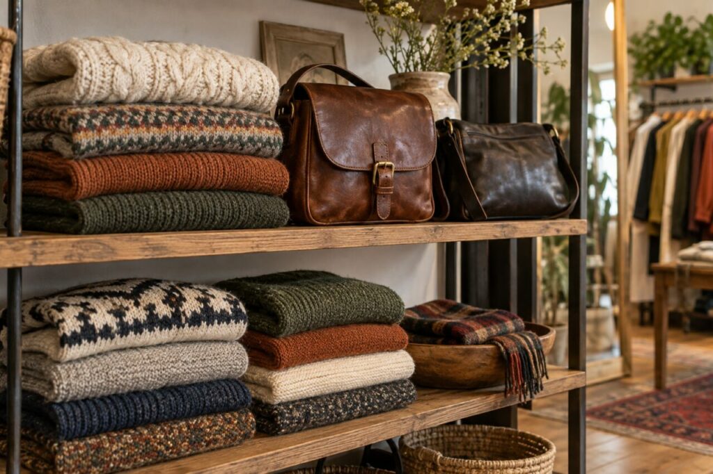Boutique de vêtements vintage — with folded knitwear and leather bags