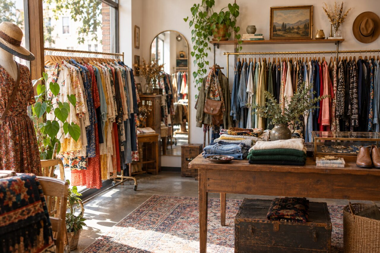 Boutique independente de roupa vintage — with rails of colourful garments
