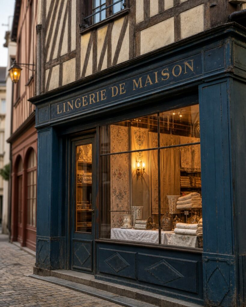 Boutique de lingerie de maison à Nancy, vitrine éclairée
