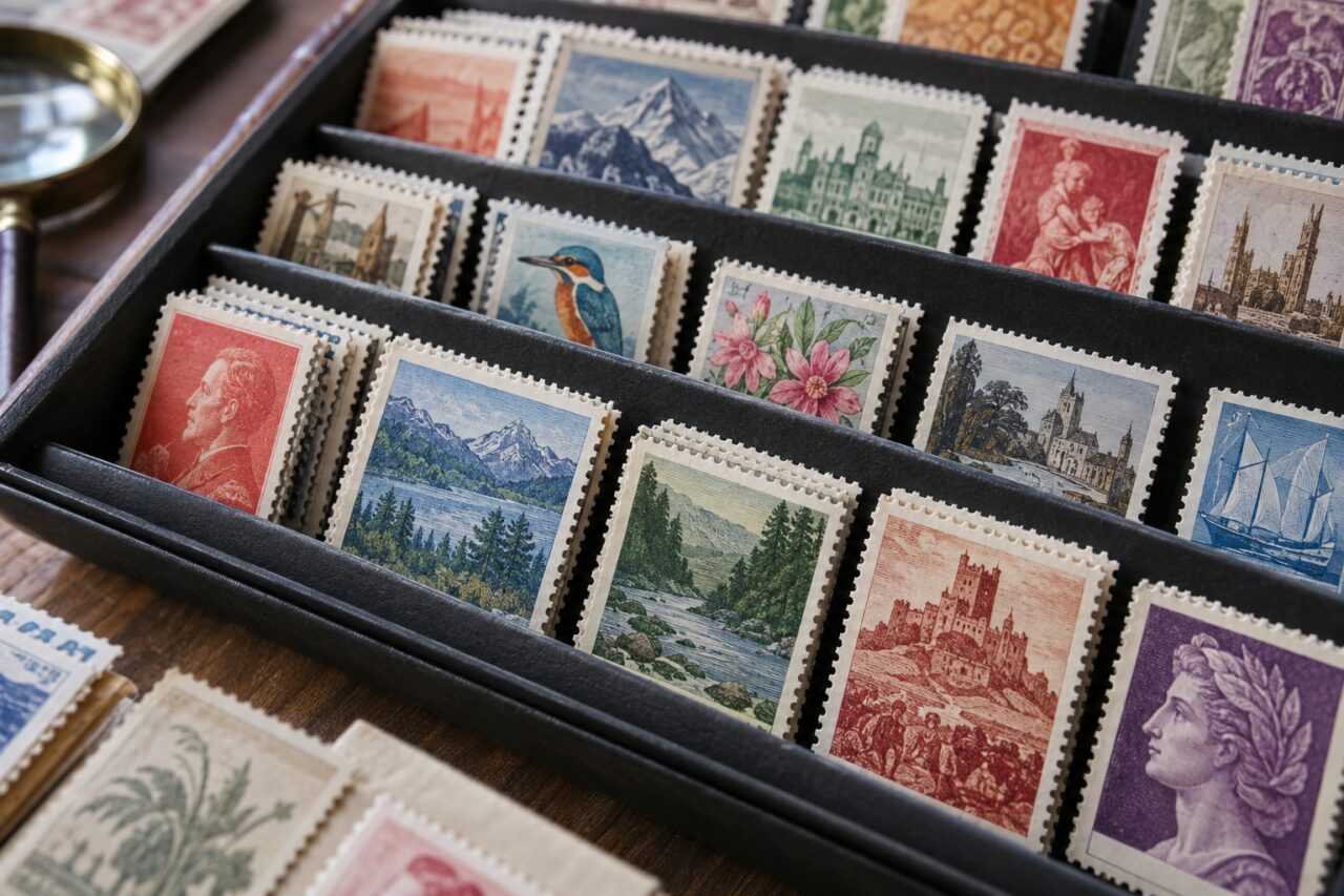 Independent stamp shop — a close view of colourful postage stamps