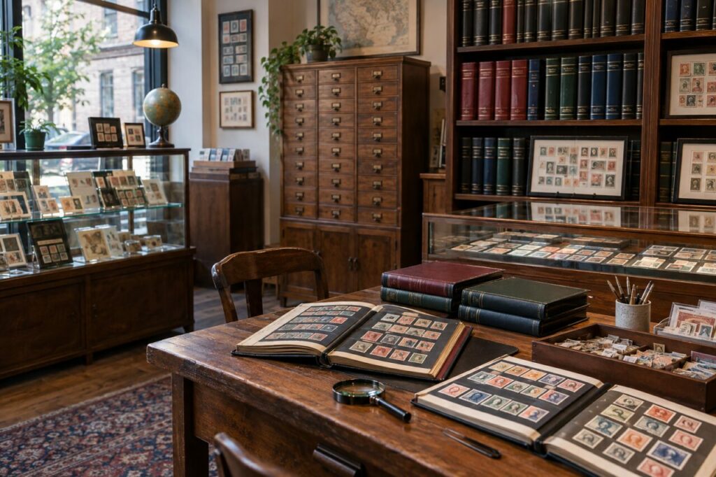 Independent stamp shop — inside a quiet specialist philatelic shop