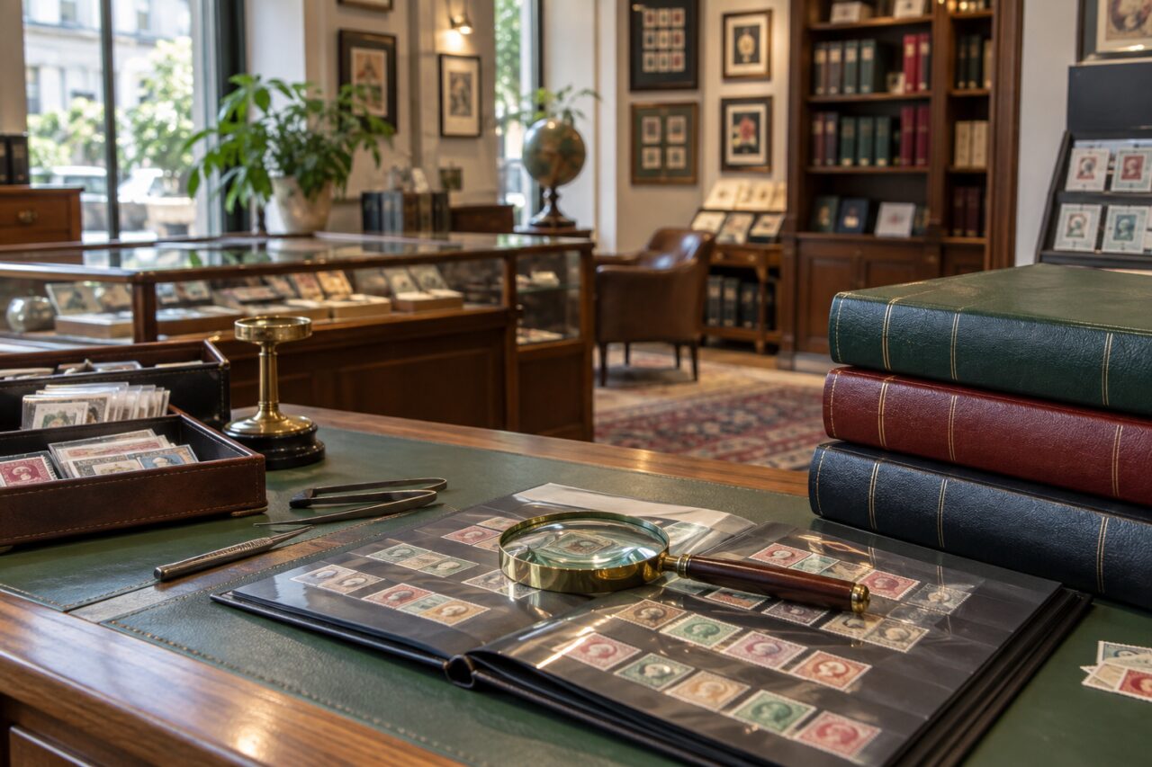 Tienda filatélica independiente — showing magnifiers and collection folders