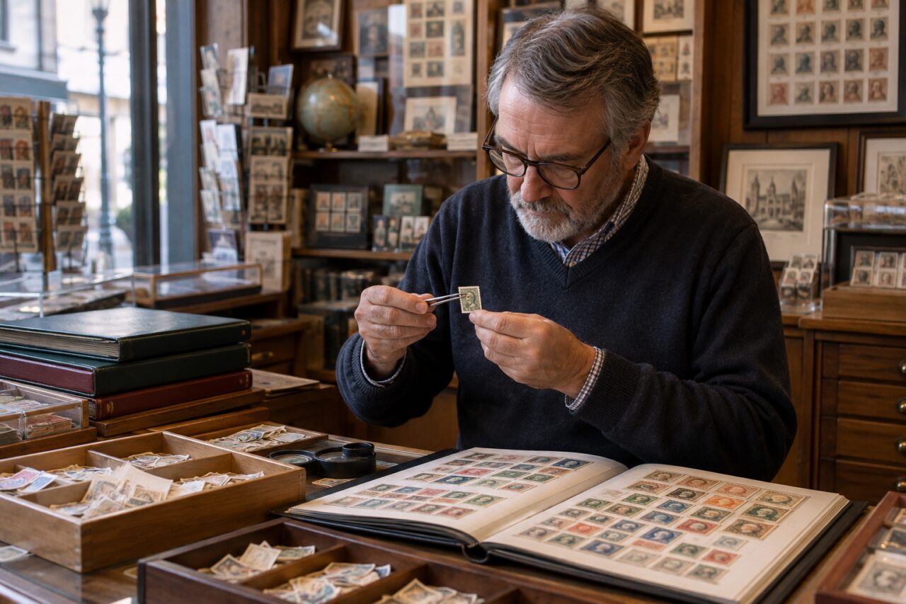 Independent stamp shop — sorting stamps at a wooden counter