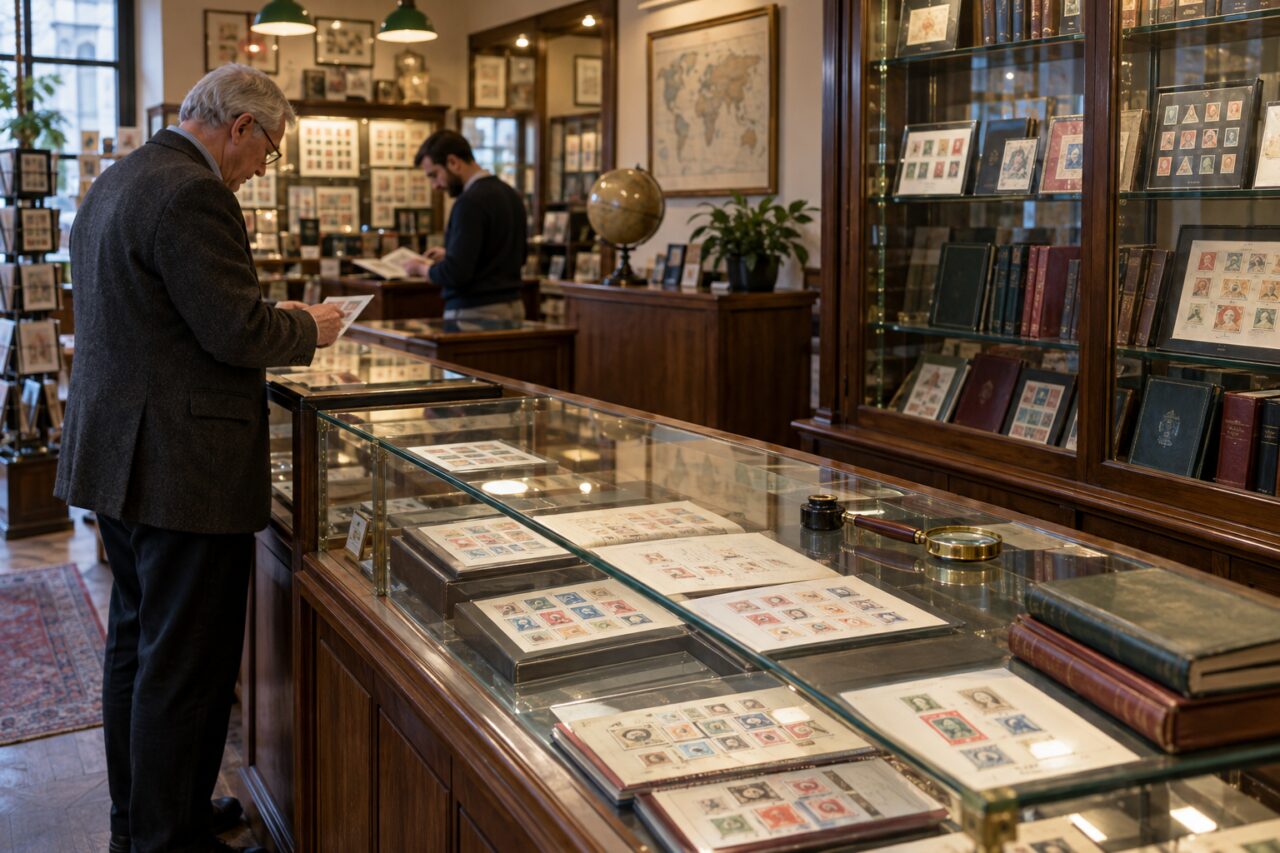 Loja filatélica independente — with albums in glass cabinets
