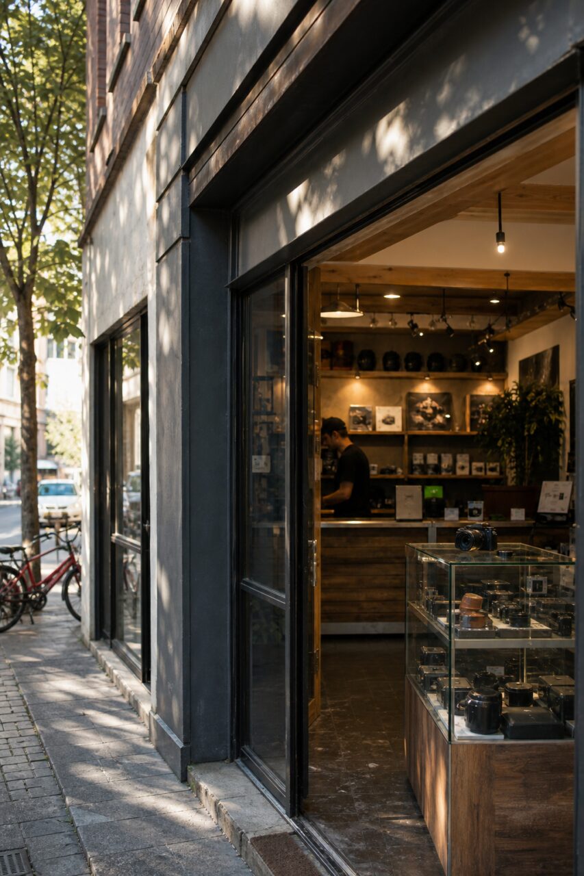 Photography shop seen from the street with display window and camera at the threshold