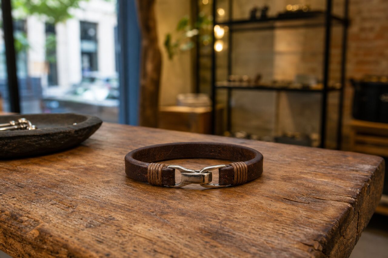 Brown bracelet with a silver-toned clasp on a grained counter