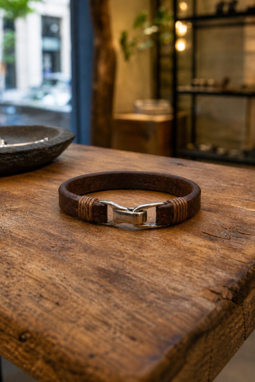 Pulsera marrón vista en diagonal junto al borde del mostrador