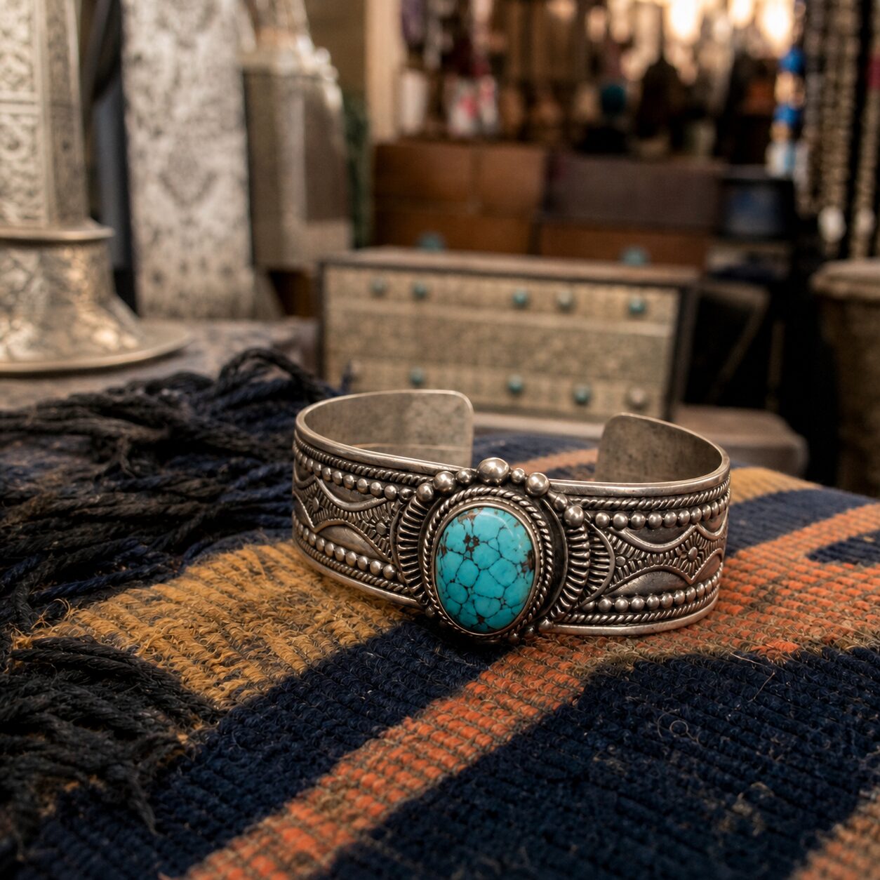 Bracelet turquoise sur textile rayé