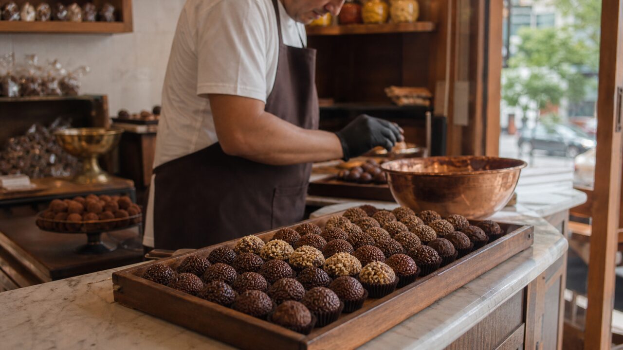 Brigadeiros on the chocolate shop counter