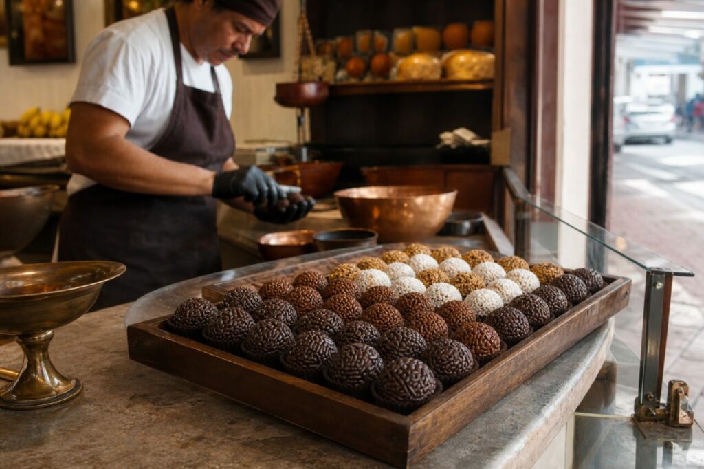 Brigadeiros hinter der Vitrine zubereitet