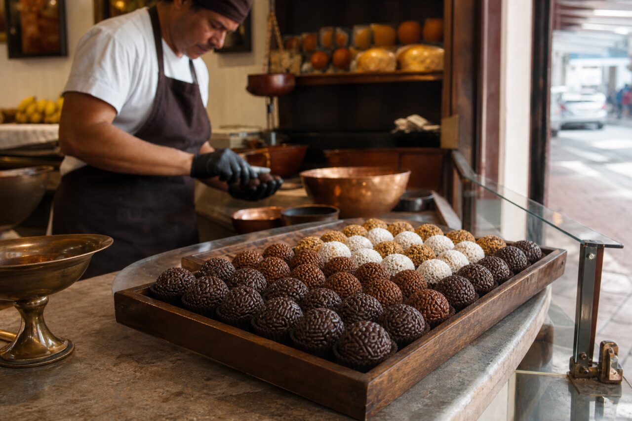 Brigadeiros hinter der Vitrine zubereitet
