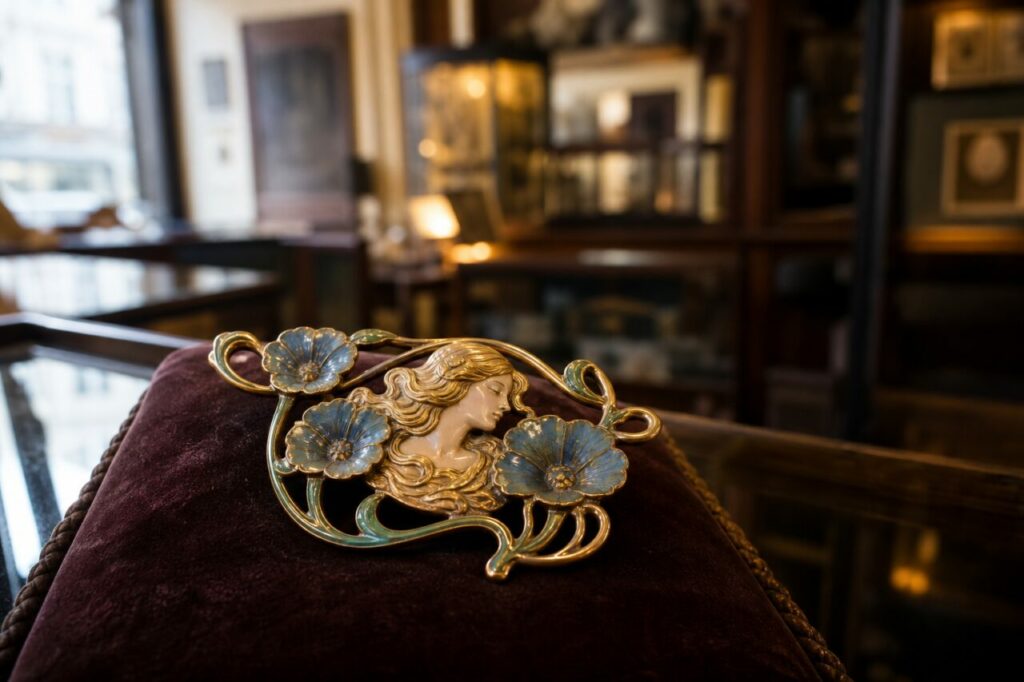 Art-nouveau broche met blauwe bloemen