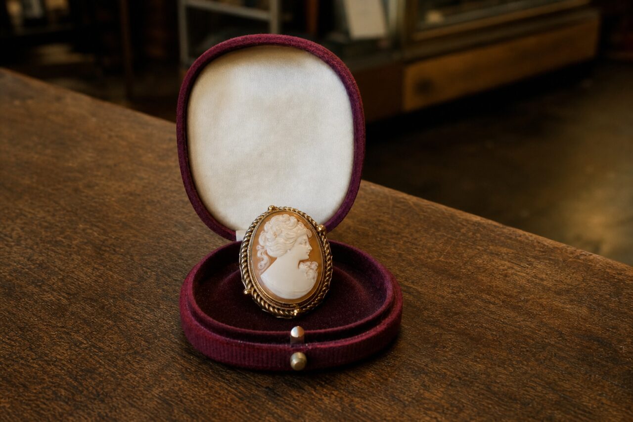 Camee-broche van iets bovenaf in de open etui