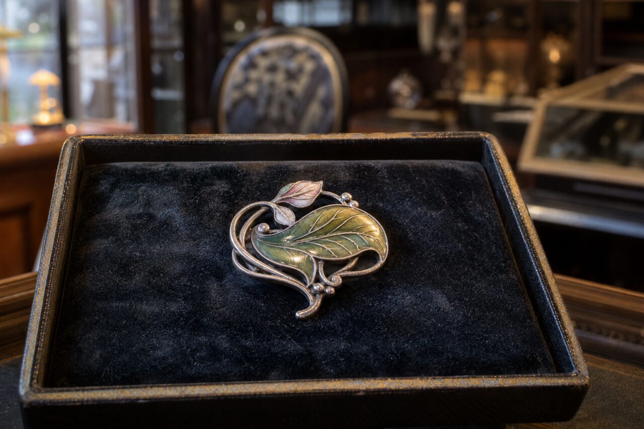 Botanical brooch with large green leaf and silver-toned setting