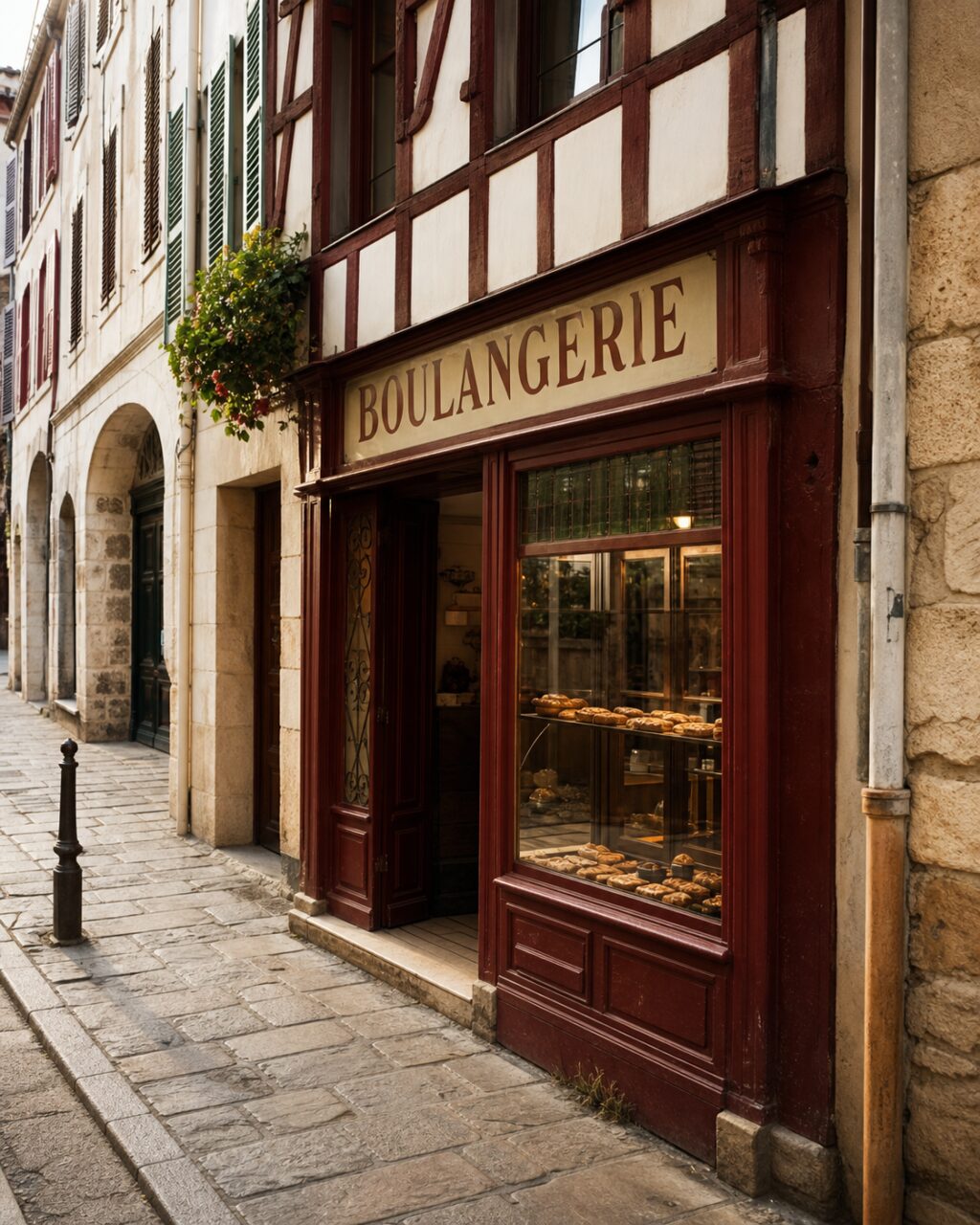 Bakkerijgevel in Bayonne met brood en gebak aan een historische straat