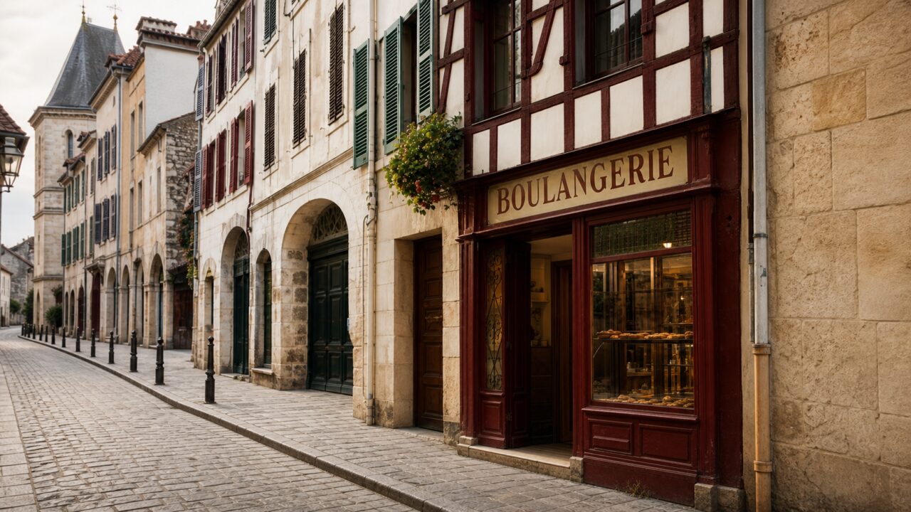 Padaria de Bayonne junto a uma rua calcetada, fachada de madeira e montra de pastelaria