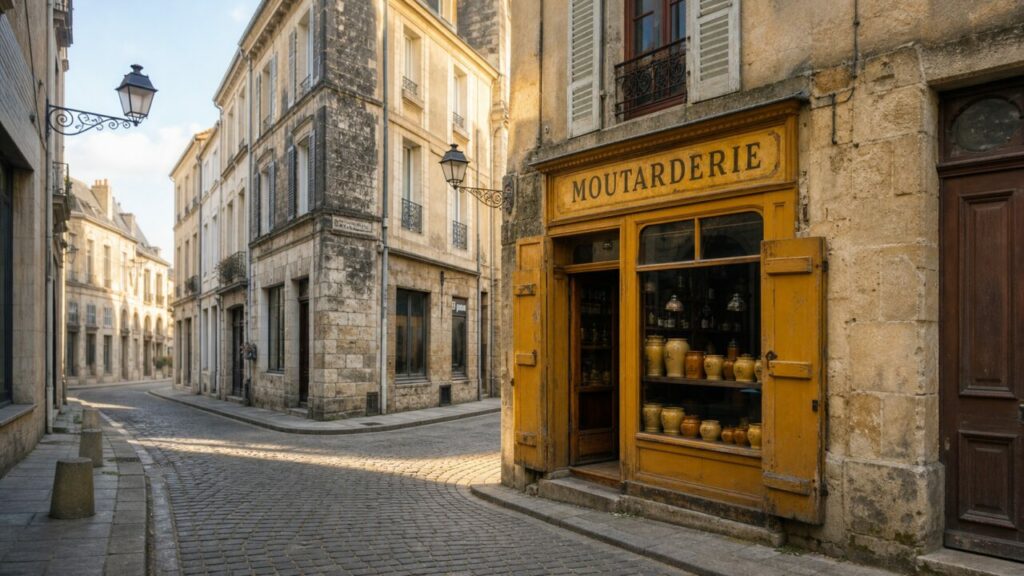 Moutarderie de Dijon dans une rue ancienne, façade ocre et enseigne en bois