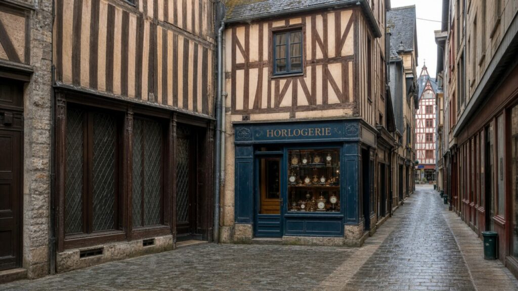Horlogerie bleue à Rouen au fond d’une ruelle, colombages et vitrine d’horloges