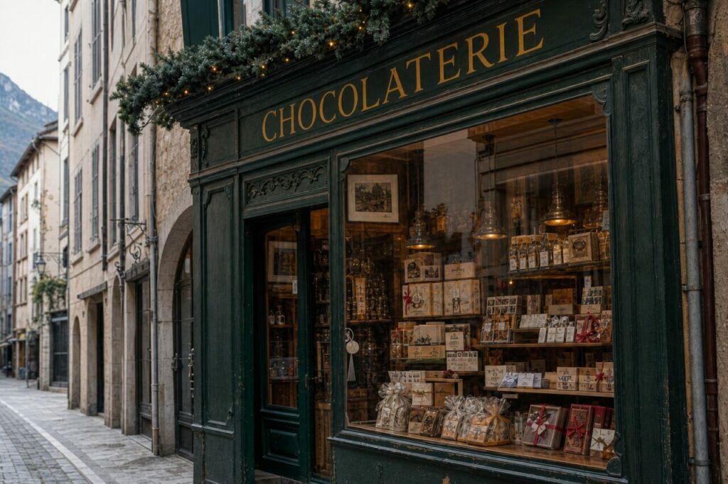 Maison de thé à Montpellier, devanture vert bouteille et bocaux d’infusion dans une rue ancienne